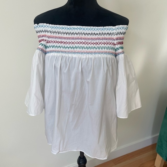 Parker White Off the Shoulder Multicolor Embroidery Smocked Yasmin Blouse Size S - Picture 4 of 12